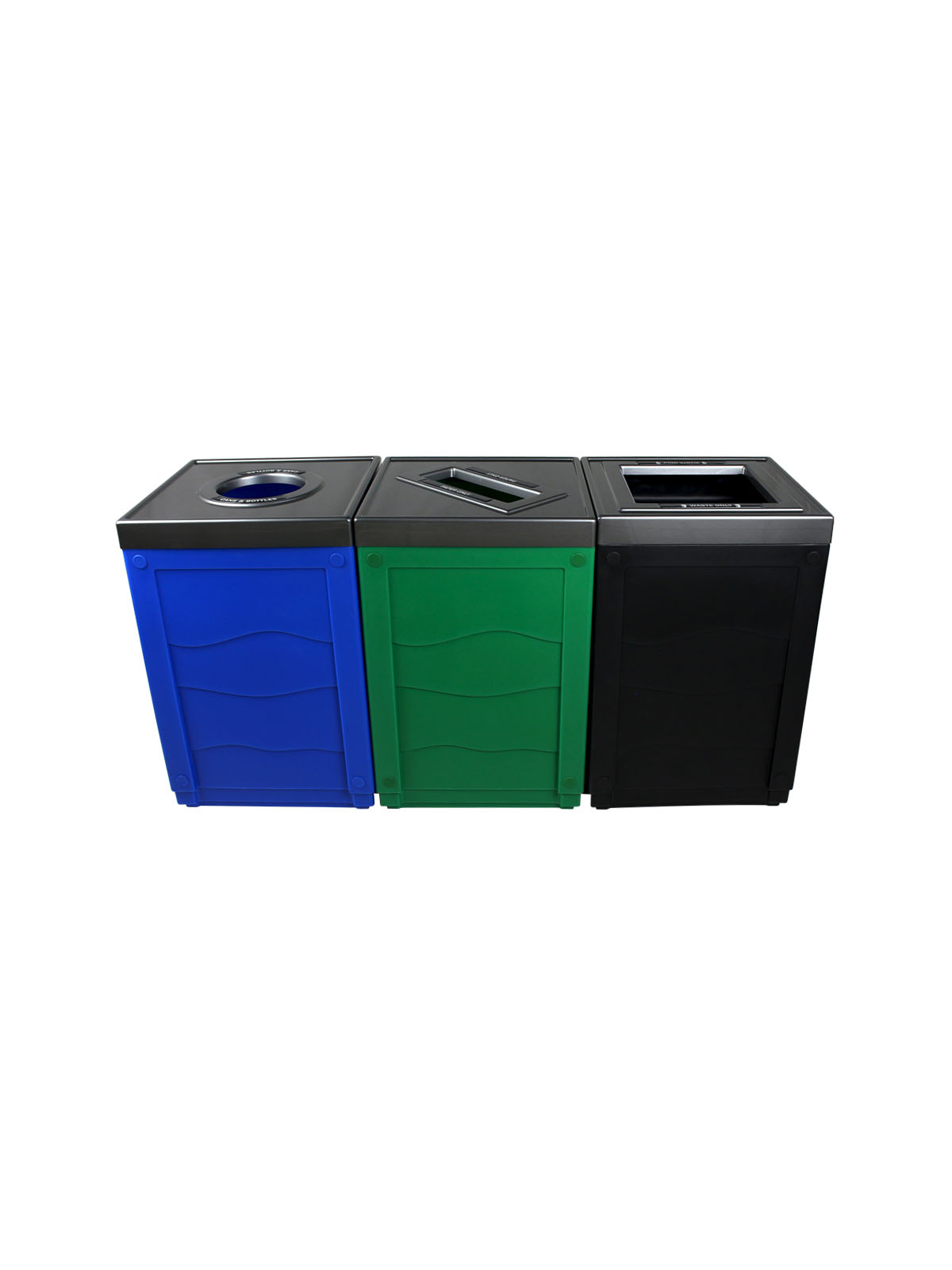 EVOLVE - Triple - Cans & Bottles-Paper-Waste - Circle-Slot-Full - Blue-Green-Black